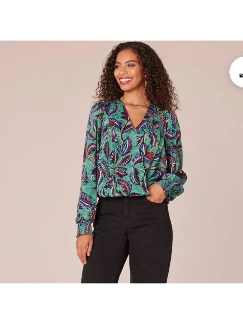 Democracy Boho Green Tropical Leaf Print Long Sleeve V-Neck Blouse XS